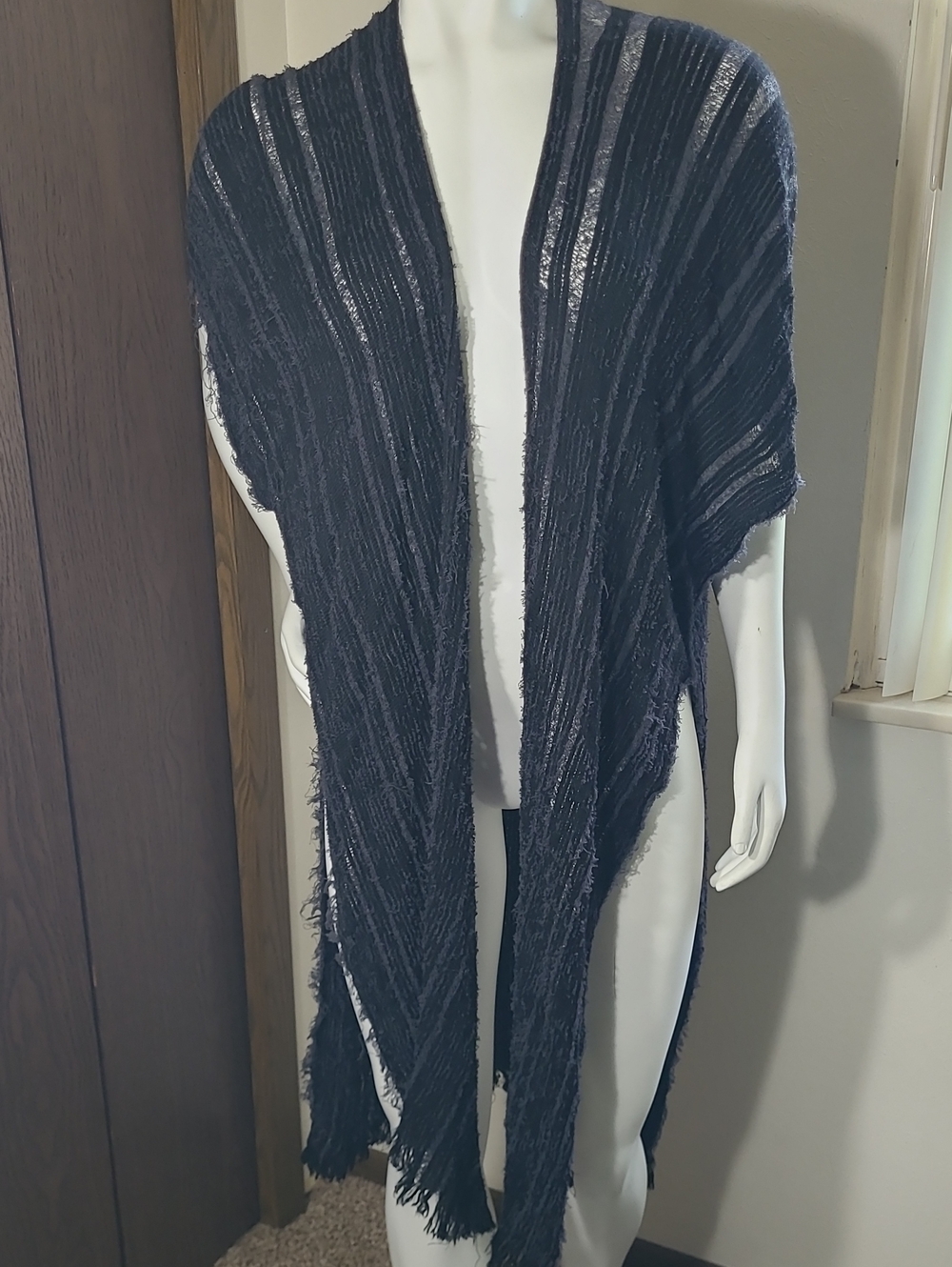Vince Camuto Black Fringe Open-Front Knit Shawl